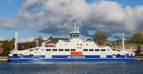 Woolwich Ferry crossing the Thames, one of the hybrid ferries introduced by Transport for London in February 2019
