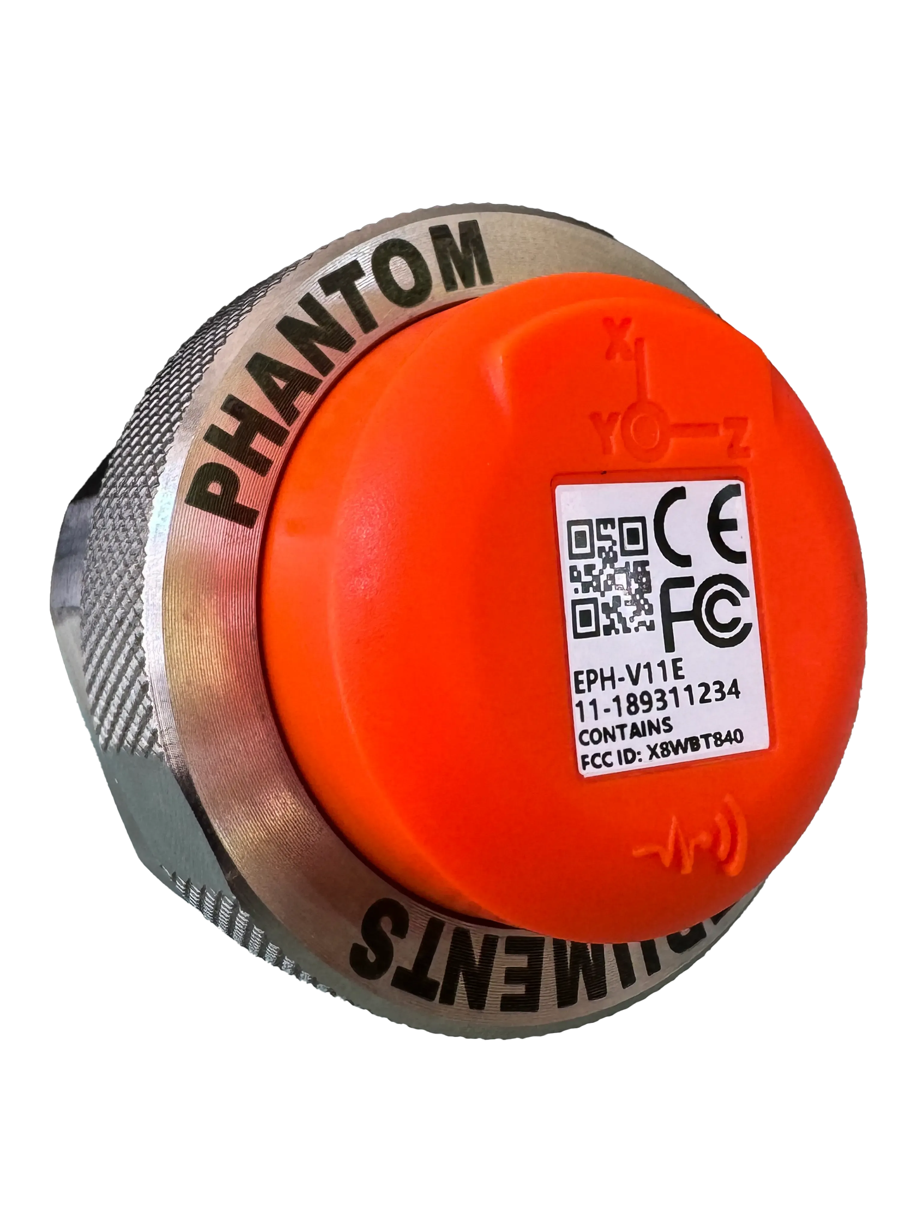 PHANTOM® EPH-V11E wireless vibration sensor, three-quarter view, showing the orange cap with the XYZ axes and the knurled stainless steel base