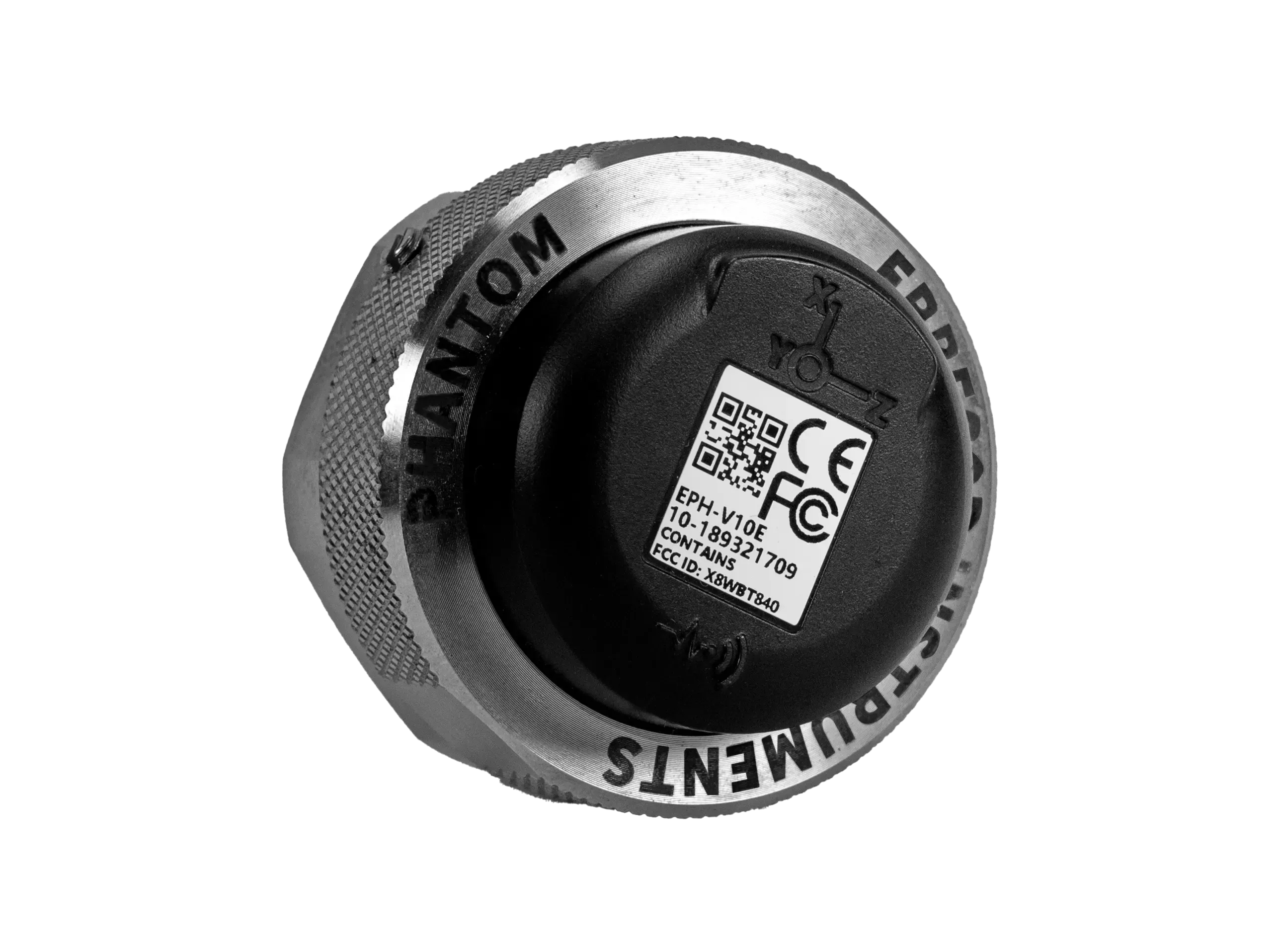 PHANTOM® EPH-V10E wireless vibration sensor, three-quarter view, with its black cap and knurled stainless steel body