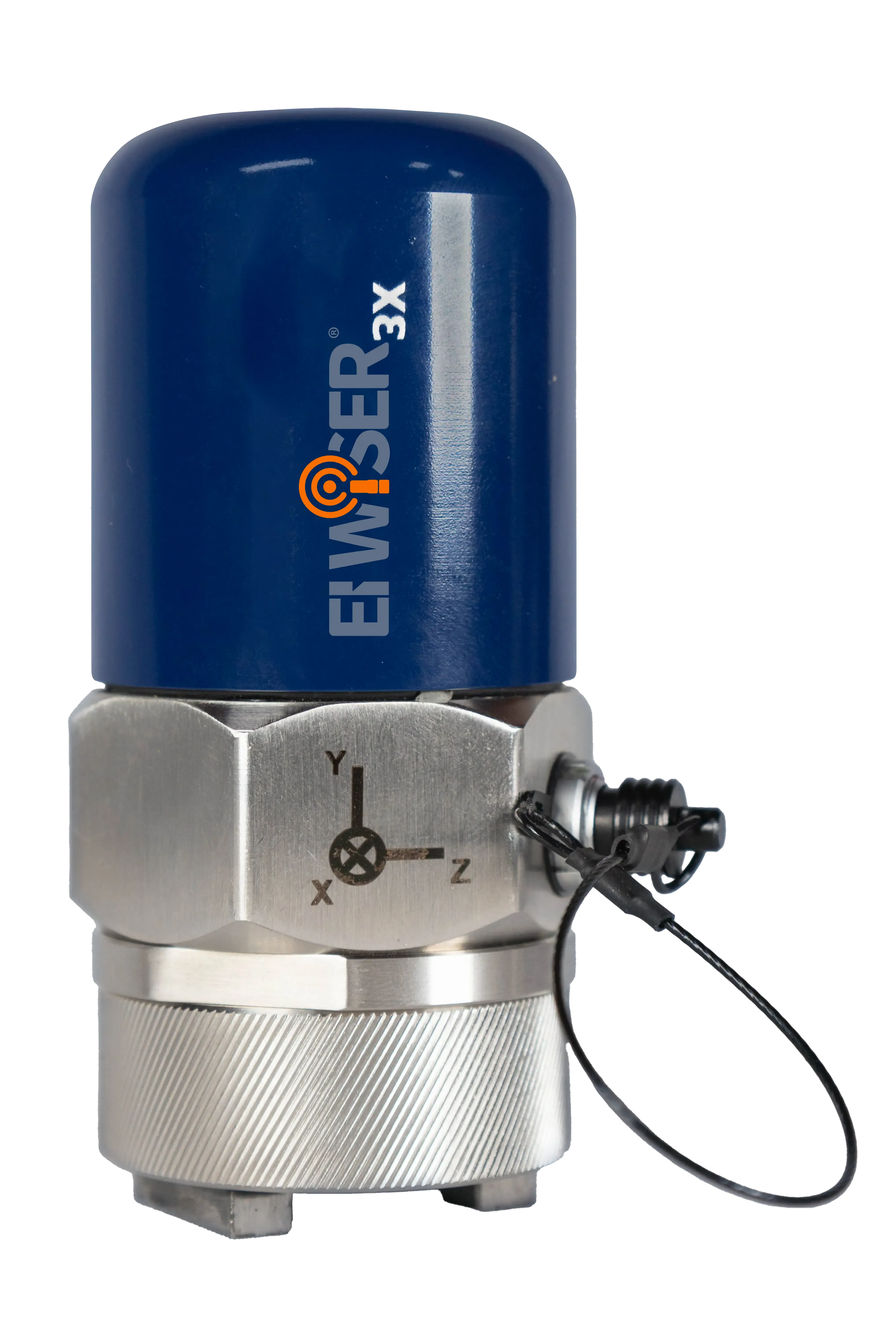 EI WiSER® 3X wireless triaxial accelerometer, side view, showing the stainless steel housing, the XYZ axis marking and the capped connector.