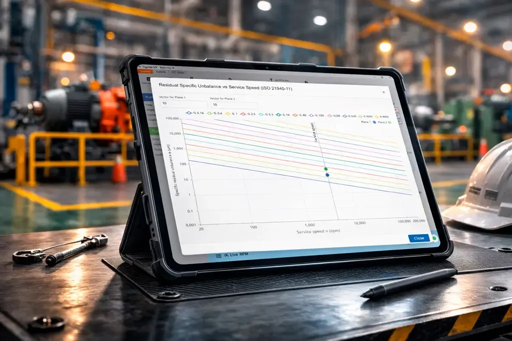 The ISO 21940-11 chart in Digivibe MX® on a rugged tablet, with the residual unbalance of both planes plotted against the service speed