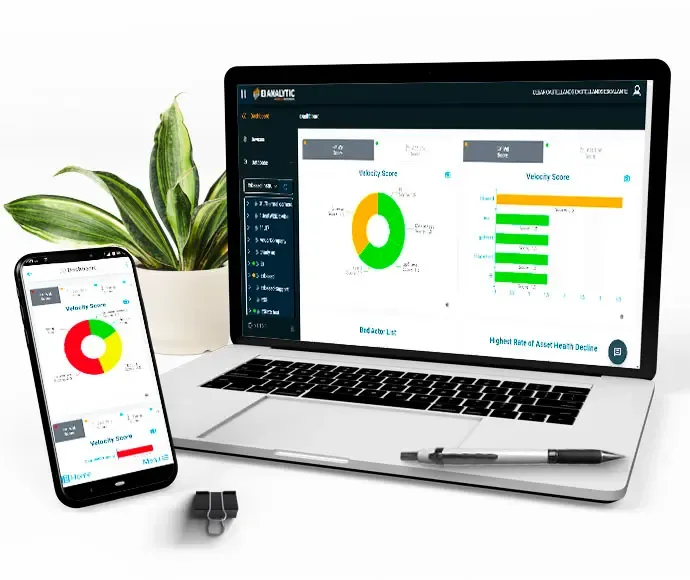 EI-Analytic™ dashboard on a laptop and on a phone, showing the velocity score of a plant