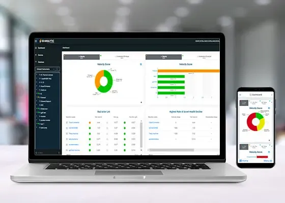 The EI-Analytic™ dashboard on a laptop and on a phone, with the velocity score and the list of machines by condition.