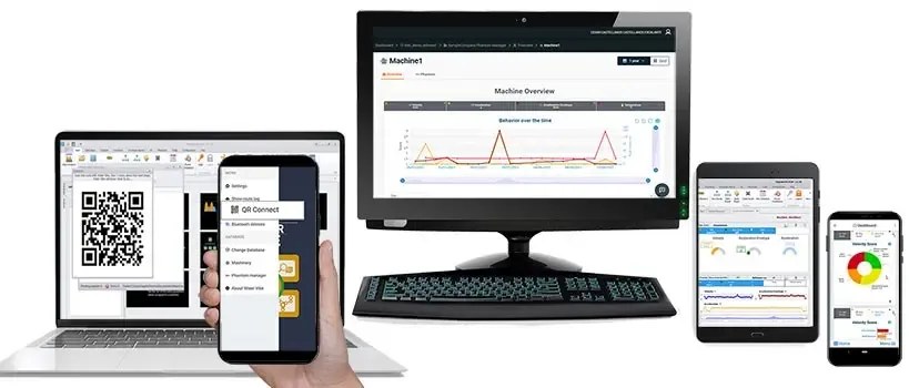 WiSER VIBE® and Digivibe MX® running on a laptop, a desktop monitor, a tablet and a phone.