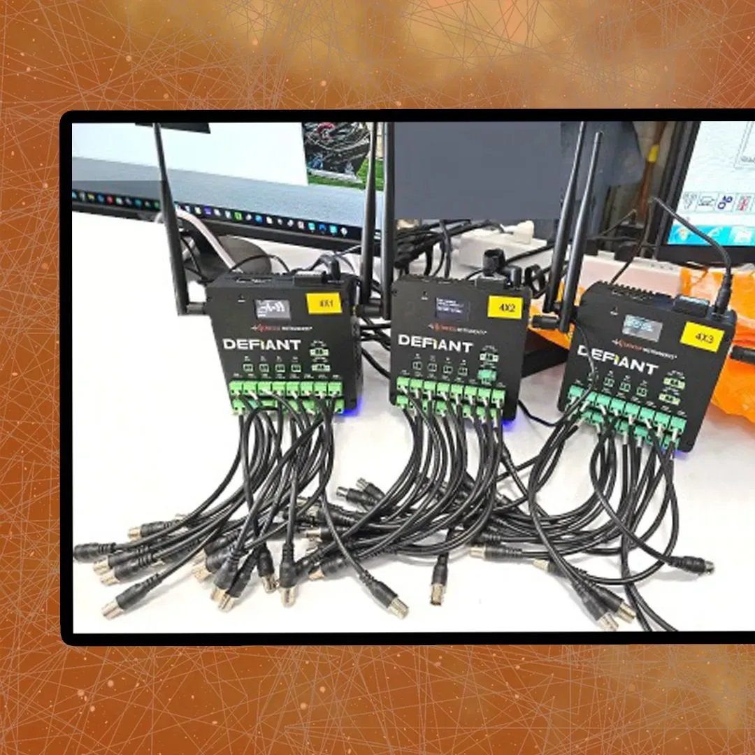 Three Erbessd DEFIANT™ multi-channel units labeled 4X1, 4X2 and 4X3, wired and ready for synchronized data acquisition