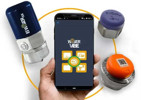 A hand holding a phone with the WiSER VIBE® home screen, surrounded by the three sensors it connects to: EI WiSER® 3X, EI WiSER® 3X Mini and a PHANTOM® sensor